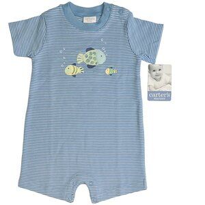 Carters - NWT 6-9mo grey/blue romper with embroidered fish applique